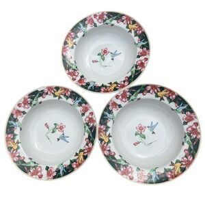 Set of 3 Tienshan Stoneware Hummingbird Floral Soup Cereal Bowls Dinnerware